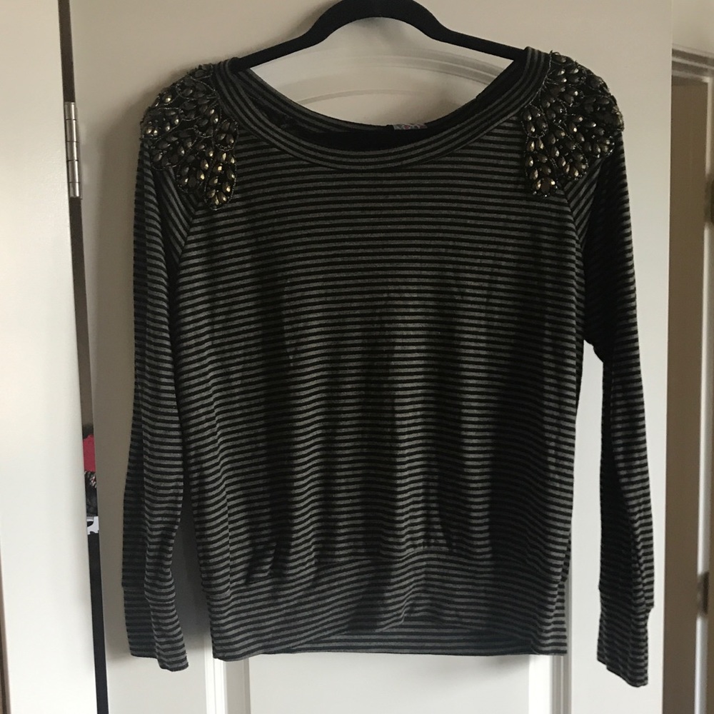 Olive and black striped sweater, detailed shoulder